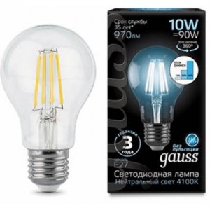 Лампа Gauss LED Filament A60 E27 10W 970lm 4100К step dimmable 1/10/40