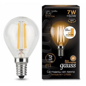 Лампа Gauss LED Filament Шар E14 7W 550lm 2700K step dimmable 1/10/50