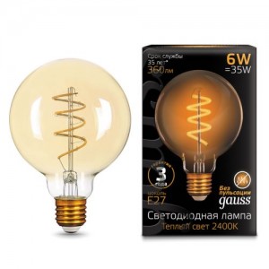 Лампа Gauss LED Filament G95 Flexible E27 6W Golden 360lm 2400К 1/20