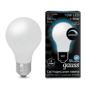 Лампа Gauss LED Filament A60 OPAL dimmable E27 10W 4100К 1/10/40