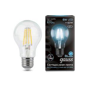 Лампа Gauss LED Filament A60 E27 6W 4100К 1/10/40